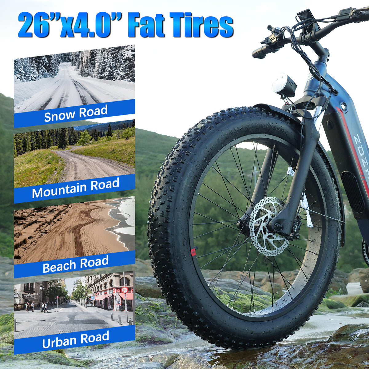 ZADA LB09 26" 750W (1500 Peak ) Motor Fat Tire Step-through Full Suspension Mountain Electric Bike 48V 18Ah Battery