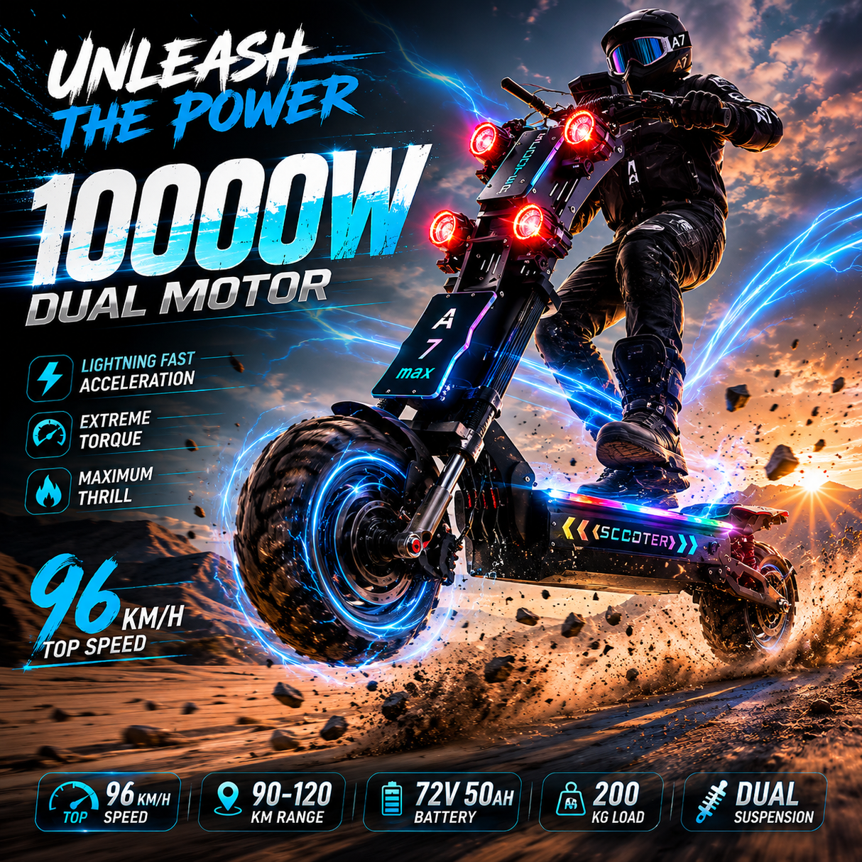 GLEERIDE A7 MAX 13" Off-road Electric Scooter 2*5000W Motors 72V 50Ah Battery