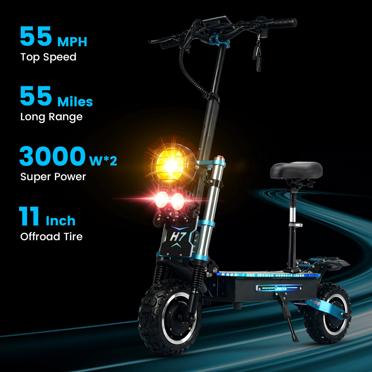 GLEERIDE H7 11" Off-Road Electric Scooter 3000W*2 Dual Motor 60V 30Ah LG Battery