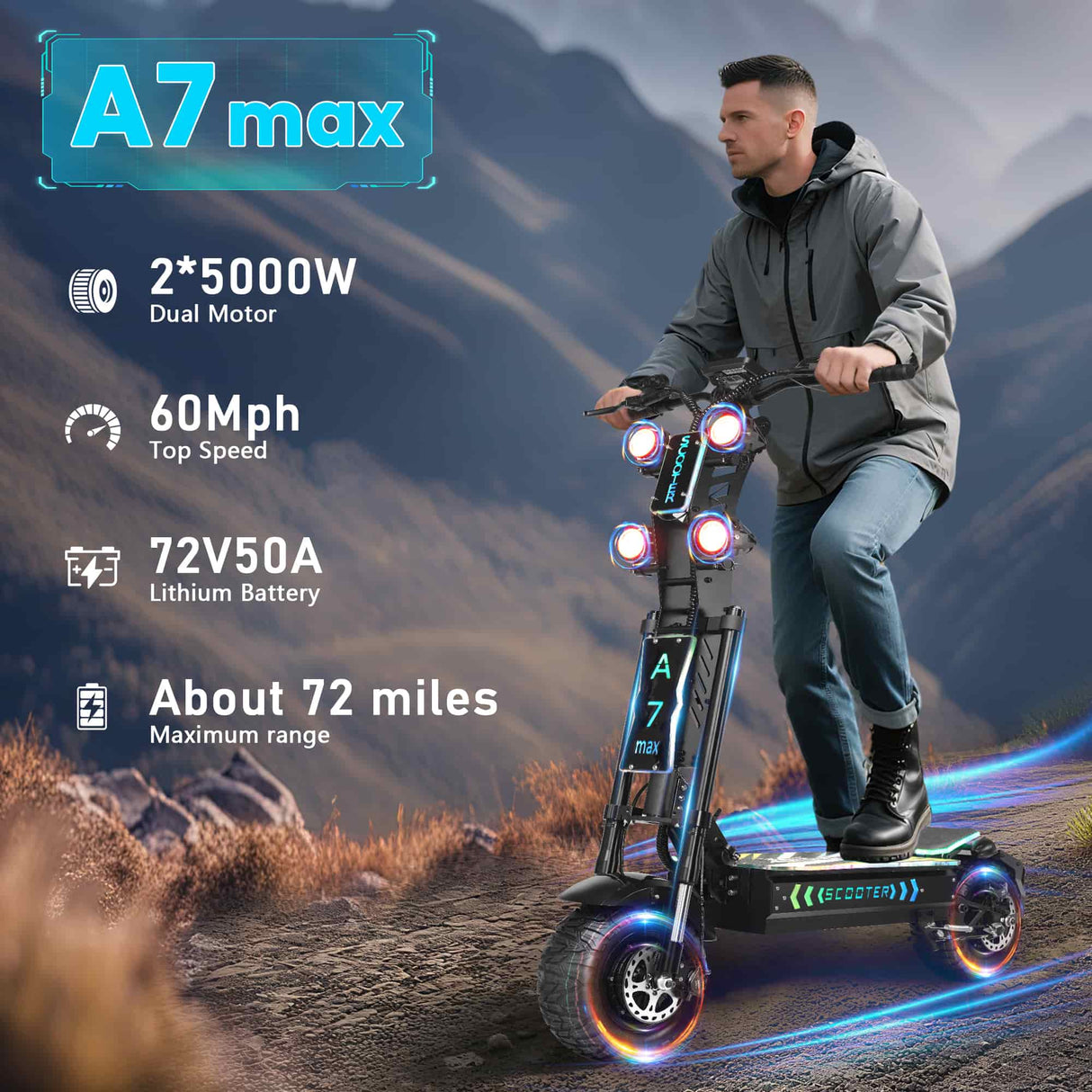 GLEERIDE A7 MAX 13" Off-road Electric Scooter 2*5000W Motors 72V 50Ah Battery