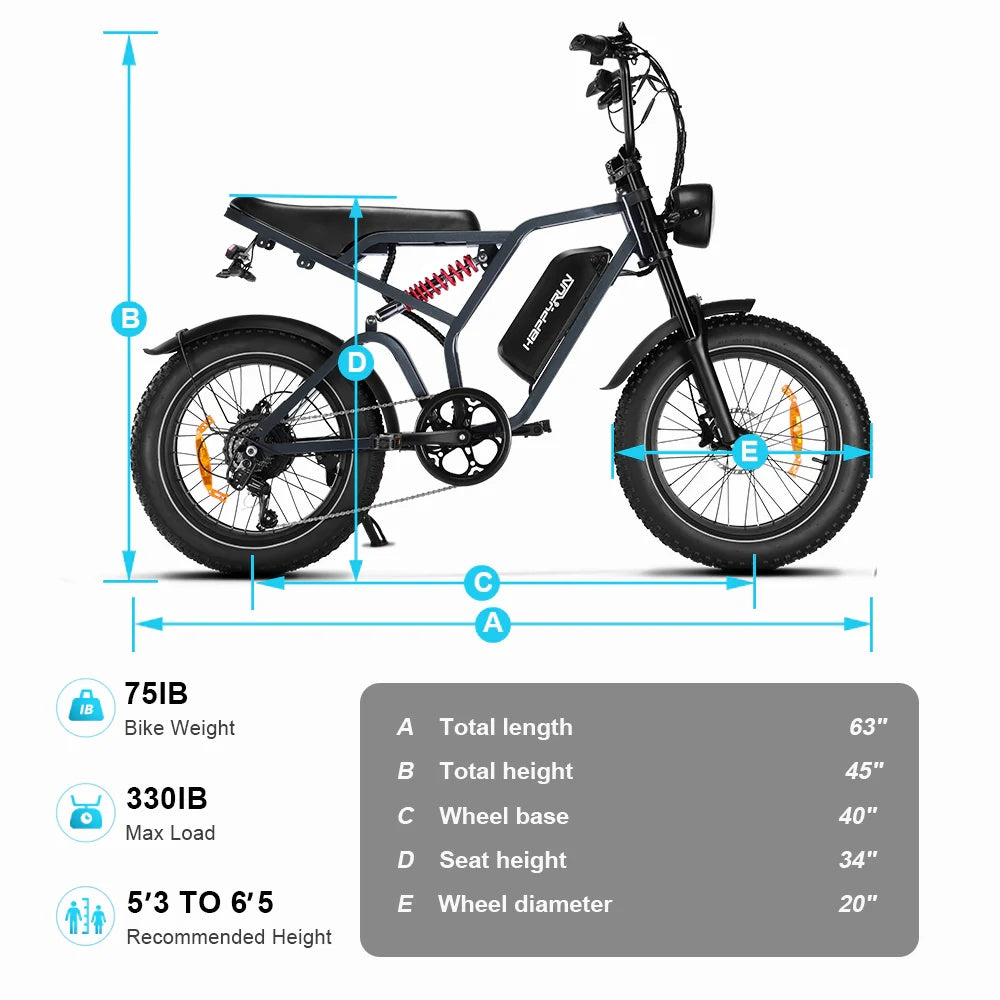 HAPPYRUN Tank G60Pro 20" Fat Tire Off Road Electric Bikes 2000W Peak Motors 48V 25Ah Battery