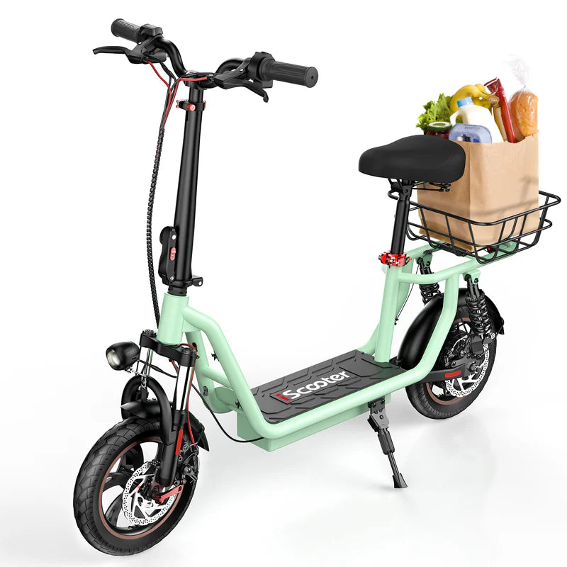 ISCOOTER I12 12" Commuter Electric Scooter With Seat & Carry Basket 500W Motor 36V 7.5Ah Battery
