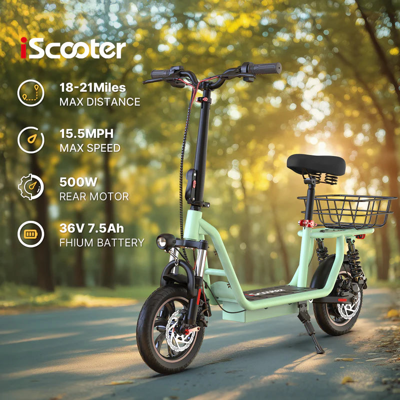 ISCOOTER I12 12" Commuter Electric Scooter With Seat & Carry Basket 500W Motor 36V 7.5Ah Battery