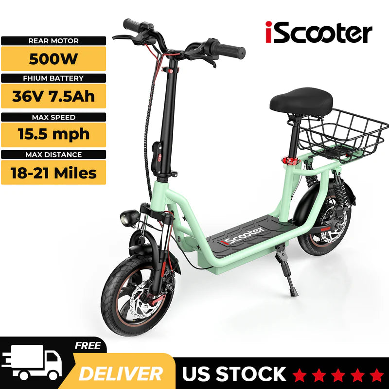ISCOOTER I12 12" Commuter Electric Scooter With Seat & Carry Basket 500W Motor 36V 7.5Ah Battery