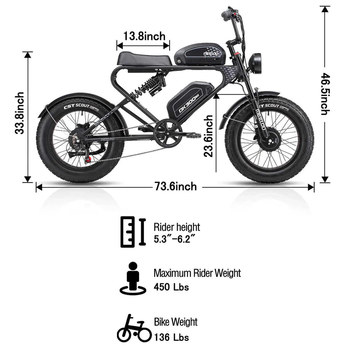 MEELOD DK300 MAX 20" Retro Moped Style Electric Bike 2400W Peak Dual Motors 48V 20Ah Dual Batteries