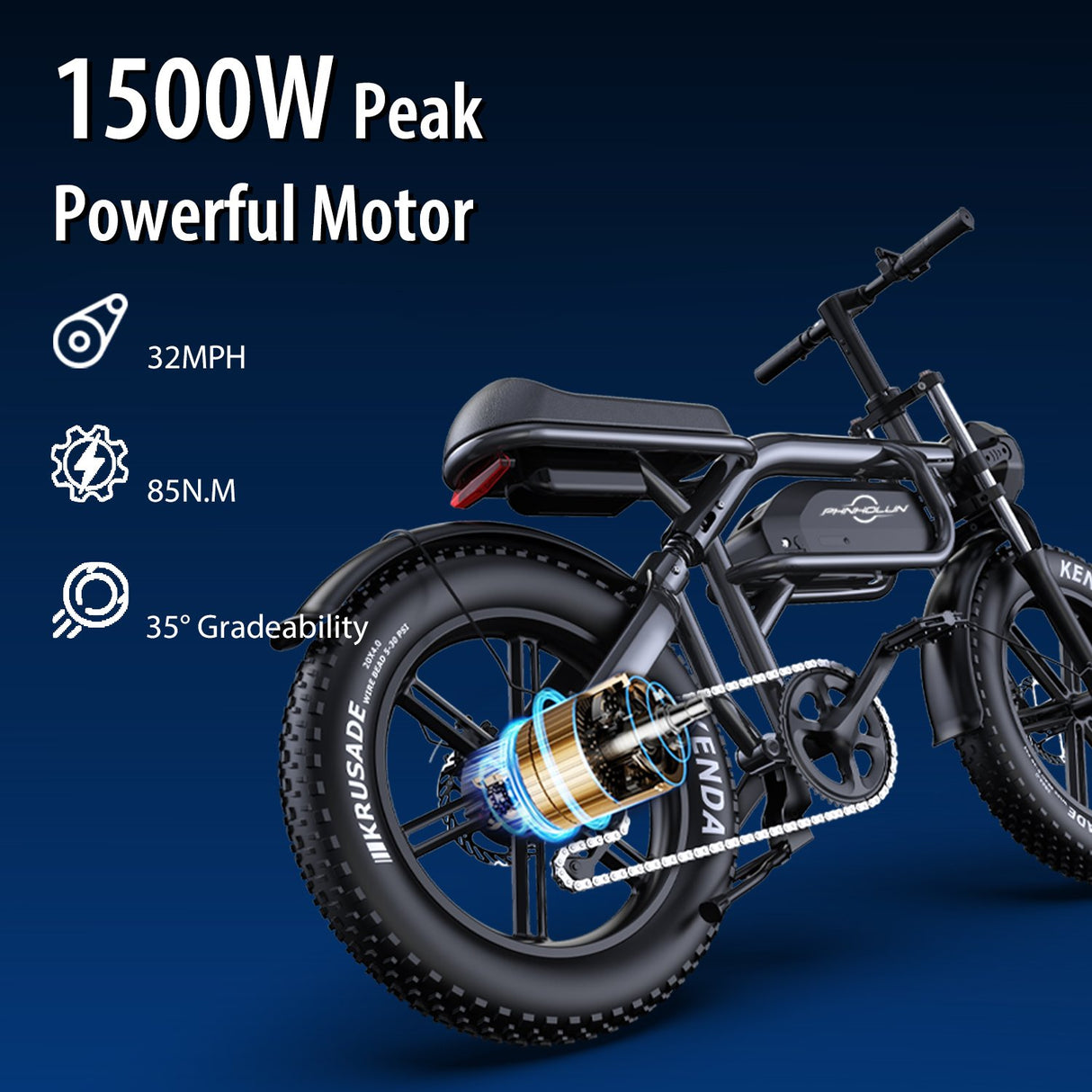 PHNHOLUN C8 20" Off Road Electric Bike 1500W Motor 48V 20Ah Battery