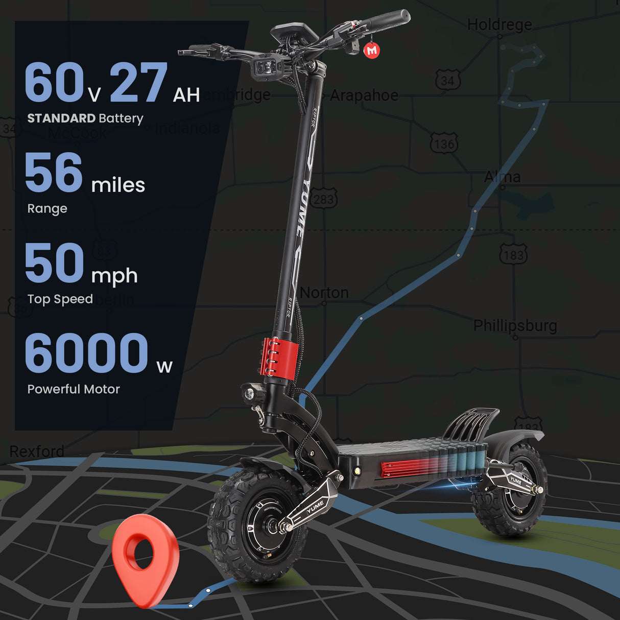 YUME Raptor 11" All-Terrain Electric Scooter 3000W*2 Dual Motors 60V 27Ah/30Ah Battery