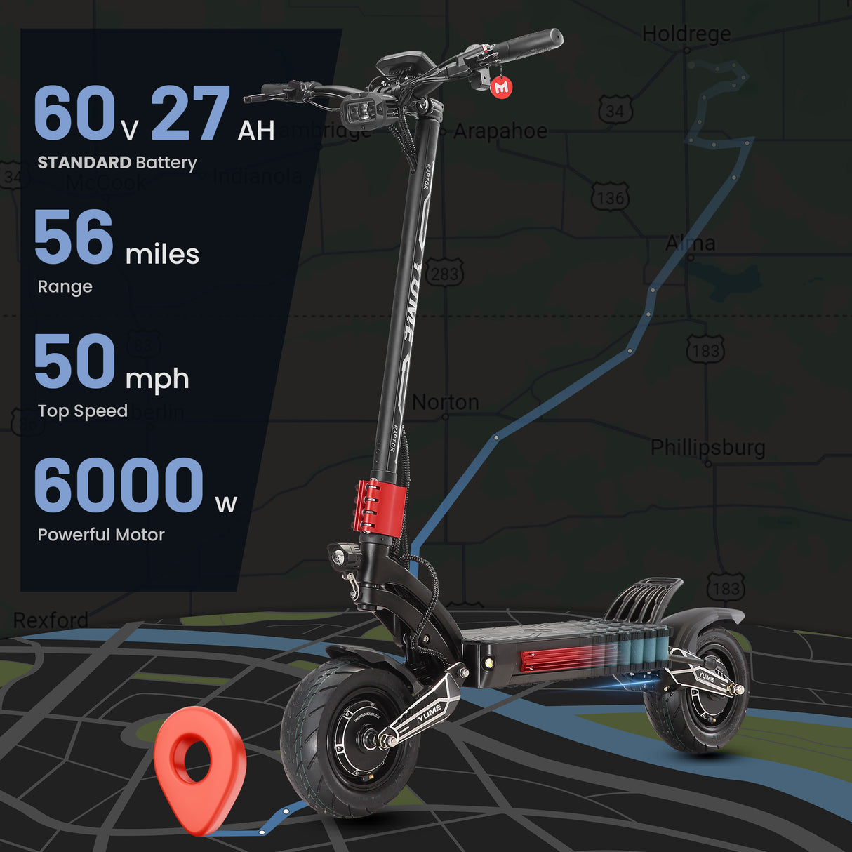 YUME Raptor 11" All-Terrain Electric Scooter 3000W*2 Dual Motors 60V 27Ah/30Ah Battery