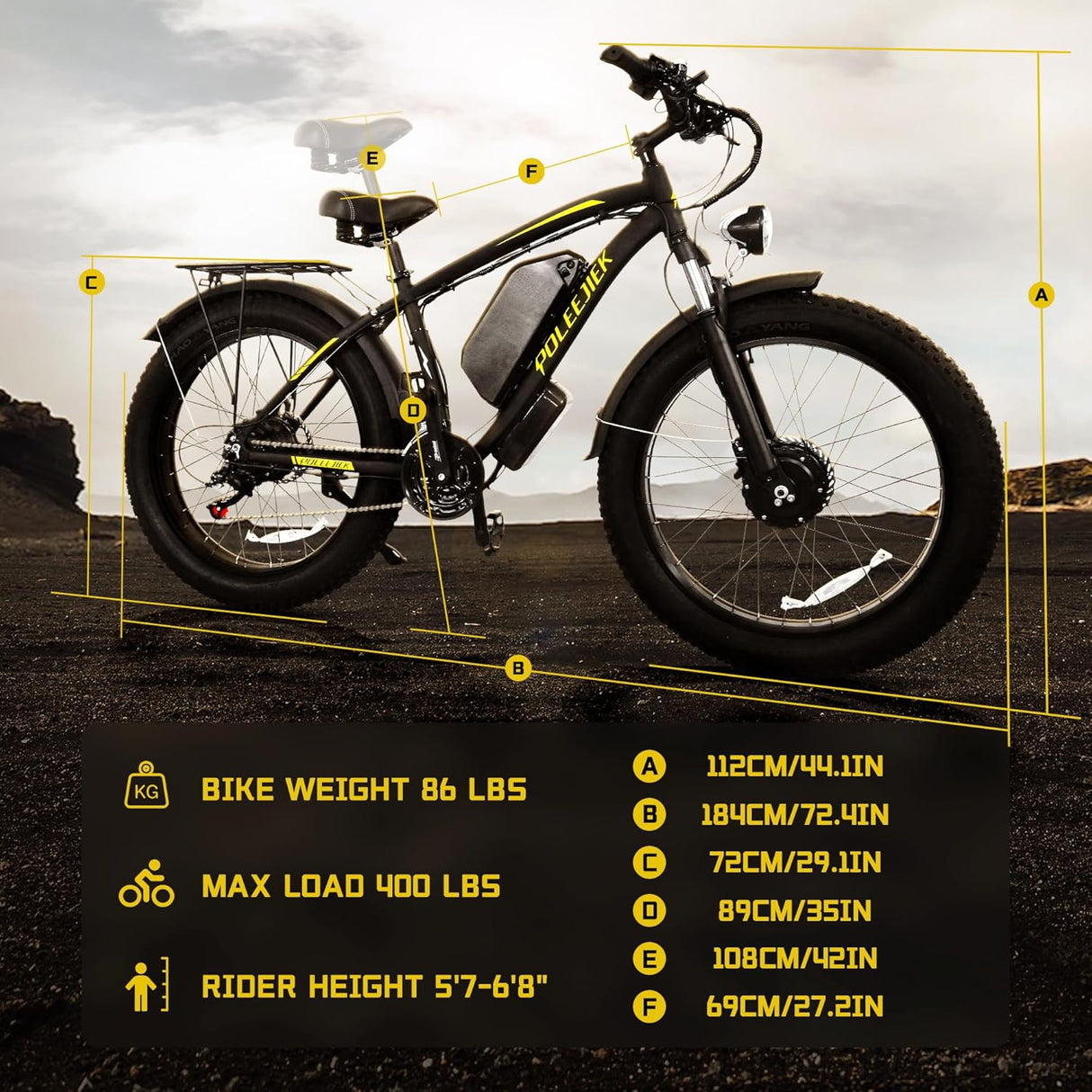 POLEEJIEK PLJ-2602 26" Fat Tire Mountain Electric Bike 2000W Dual Motors 48V 23Ah Battery