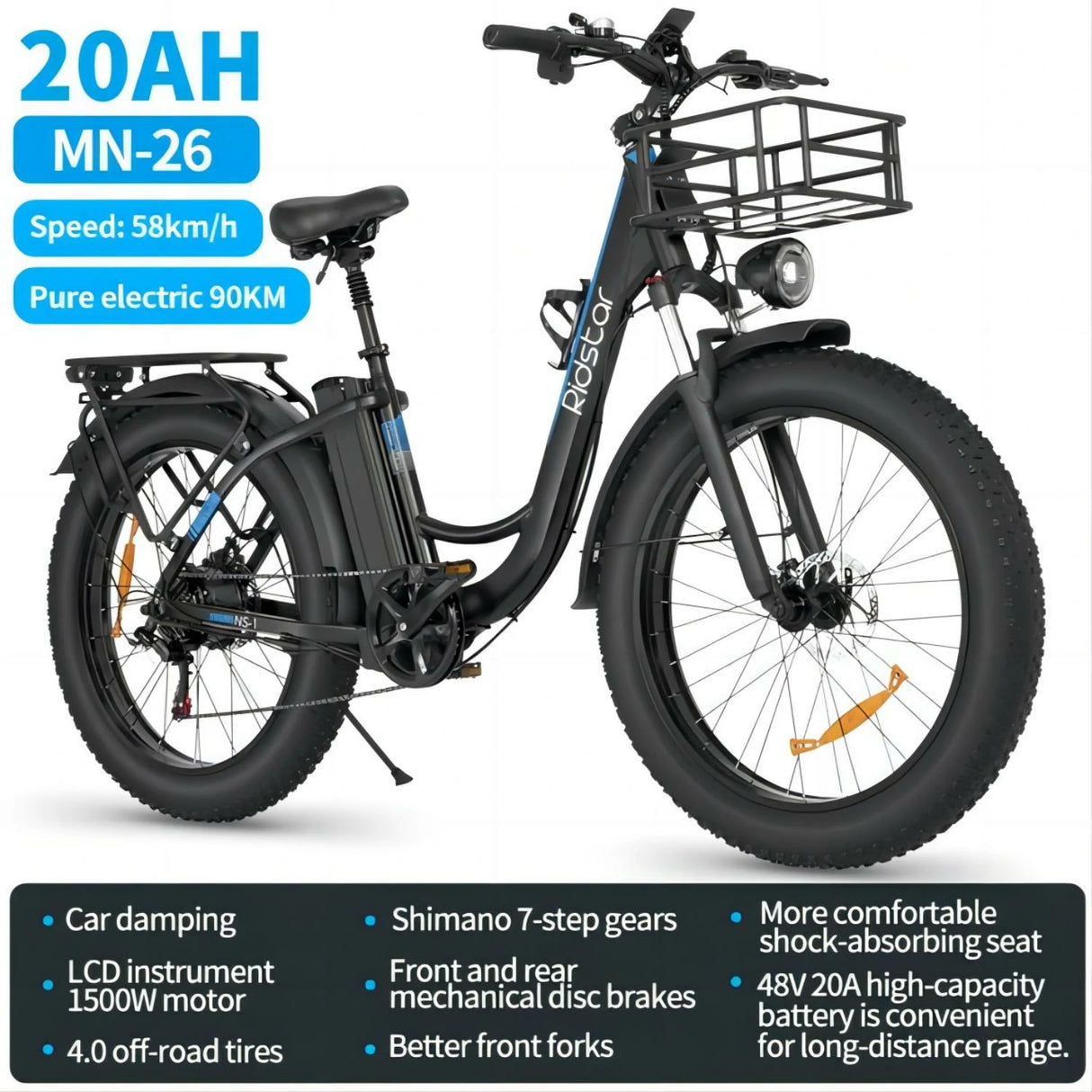 YVY MN26 26" Fat Tires Electric City Bike 1500W Motor 48V 20Ah Battery