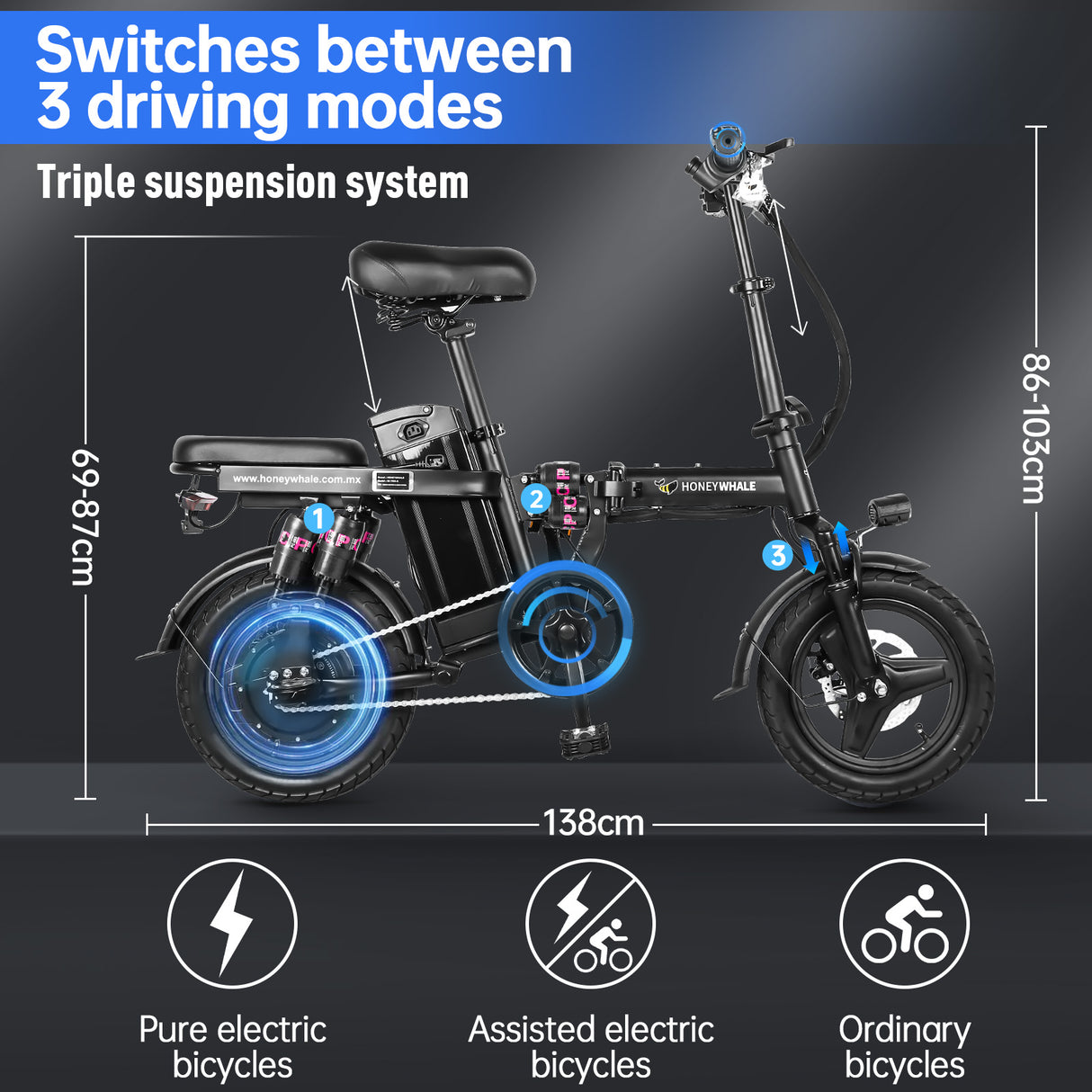 HONEYWHALE S6 Pro 14" Folding Electric Bike 350W Brushless Motor 48V 15Ah Battery