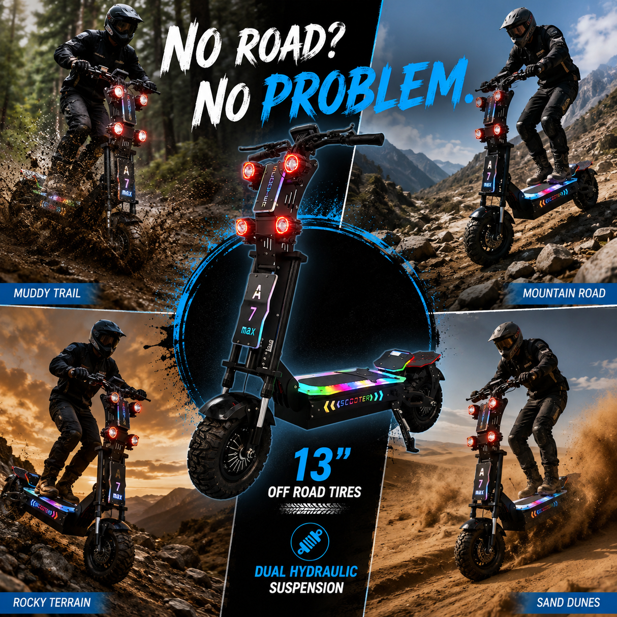 GLEERIDE A7 MAX 13" Off-road Electric Scooter 2*5000W Motors 72V 50Ah Battery
