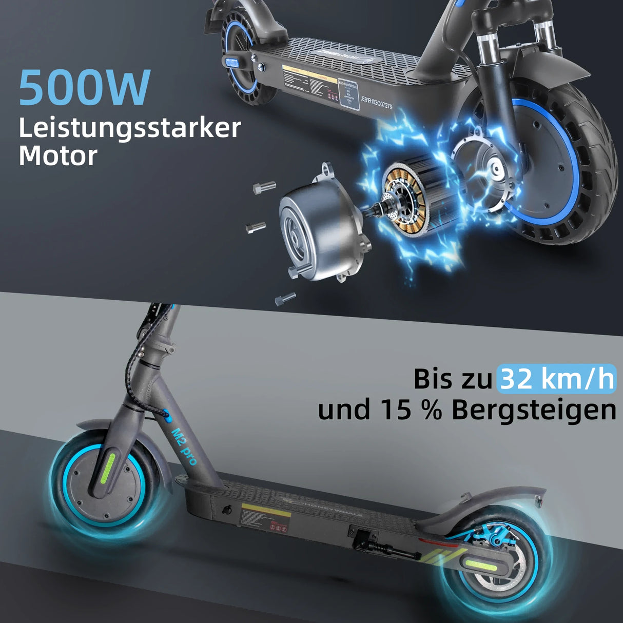 HONEYWHALE M2 Pro Folding Electric Scooter with App Control Bluetooth 500W Peak Motor 36V 7.8Ah Battery
