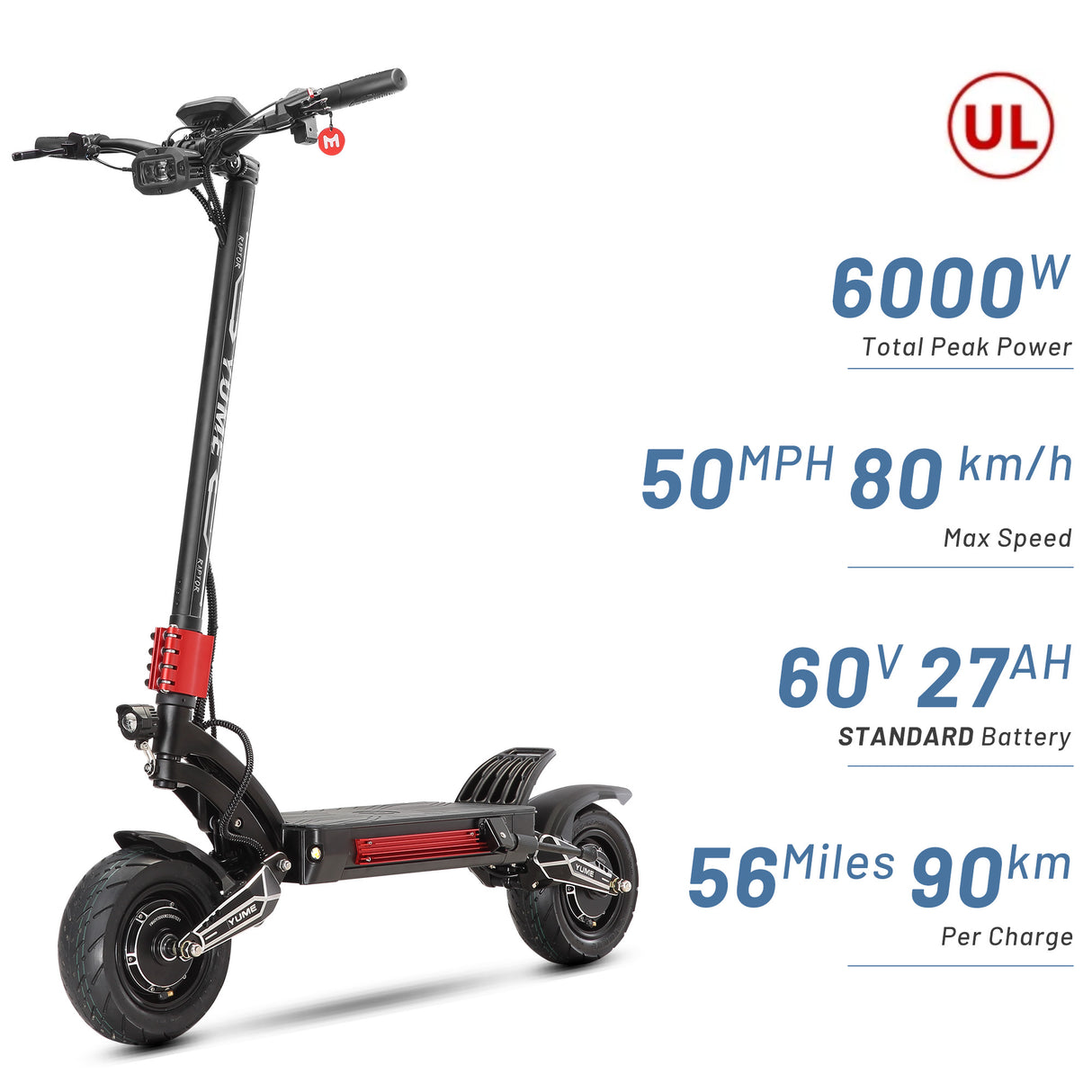 YUME Raptor 11" All-Terrain Electric Scooter 3000W*2 Dual Motors 60V 27Ah/30Ah Battery