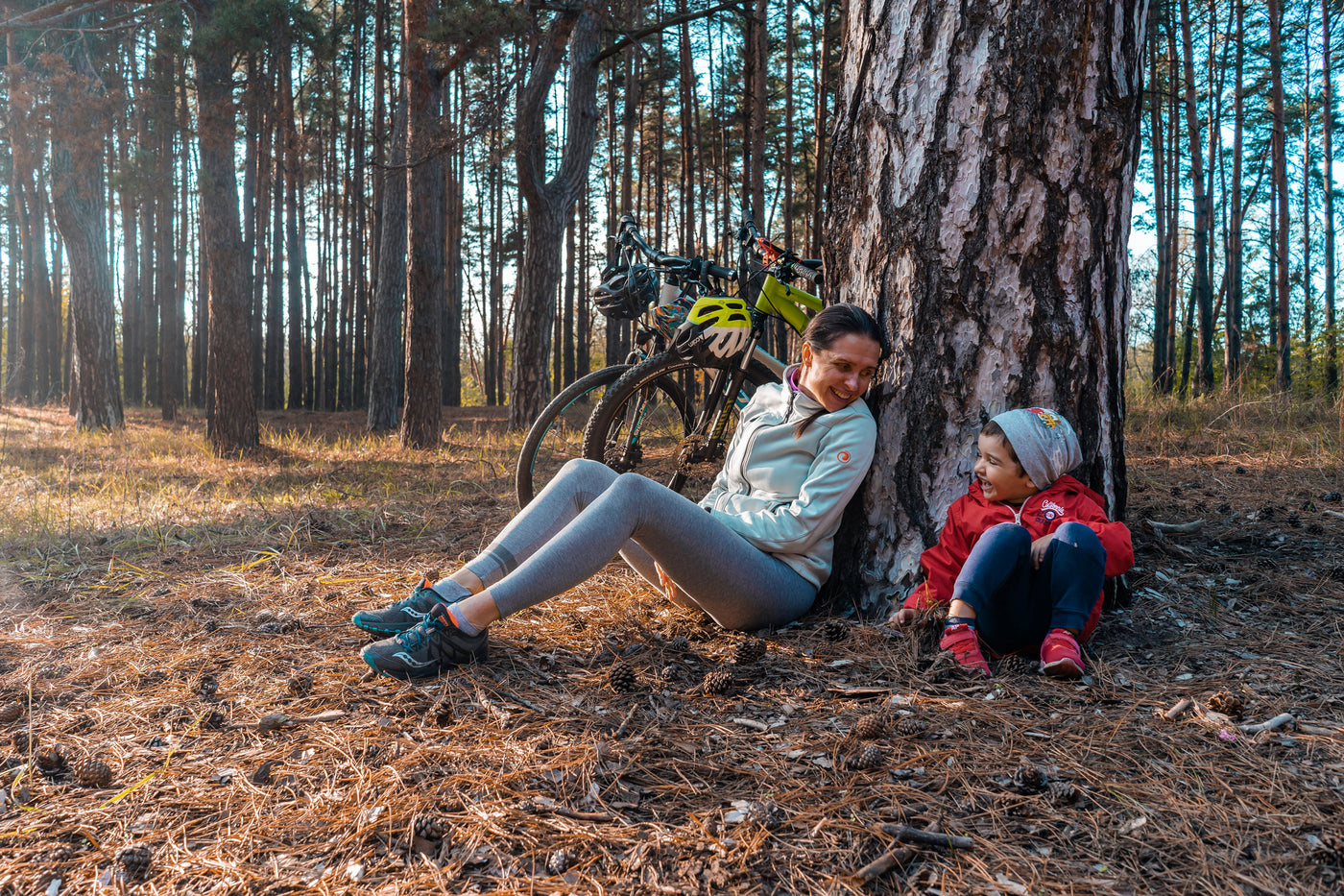 outdoor bike women and child